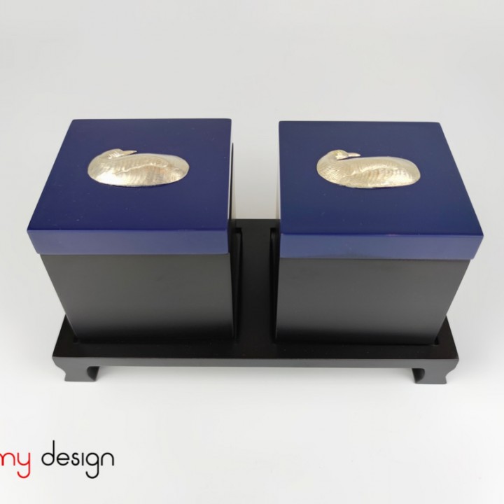 Set of 2 black square boxes 9 cm with blue lid with penguin and stand